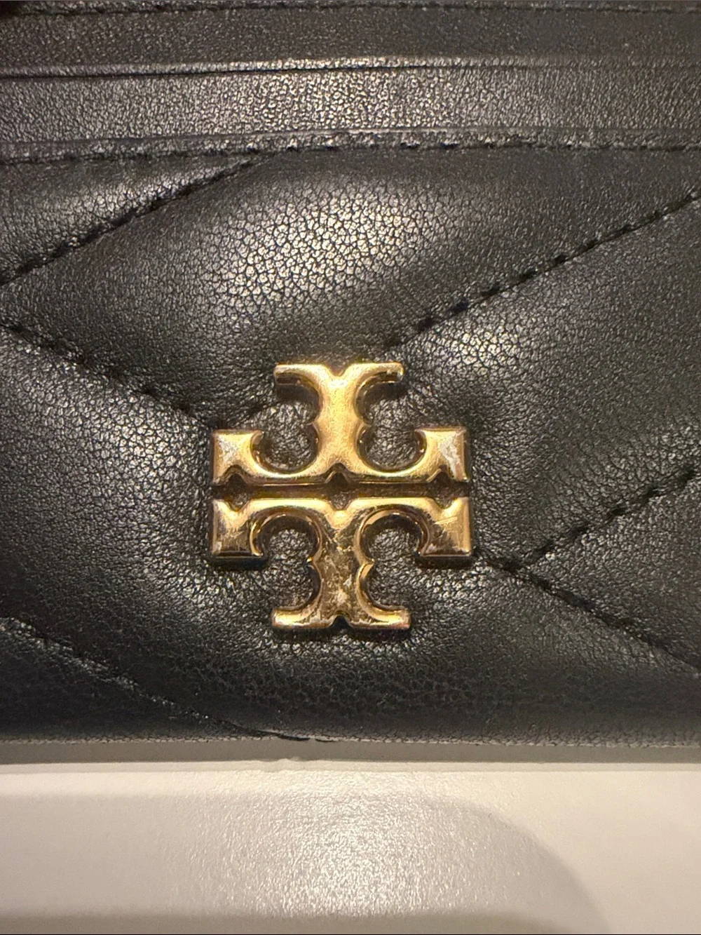 Tory Burch Kira Black Quilted Leather Card Case with Gold Logo